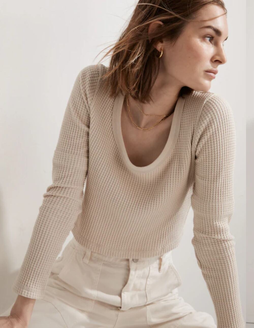 Madewell MWL Waffle Knit Cropped Cream Long Sleeve Tee Cotton Blend Medium
